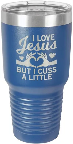 Vista 13 de Taza de viaje con texto en inglés "I Love Jessus I CUSS A LITTLE Engraved Tumbler", de acero con recubrimiento de polvo grabado con láser, sin BPA