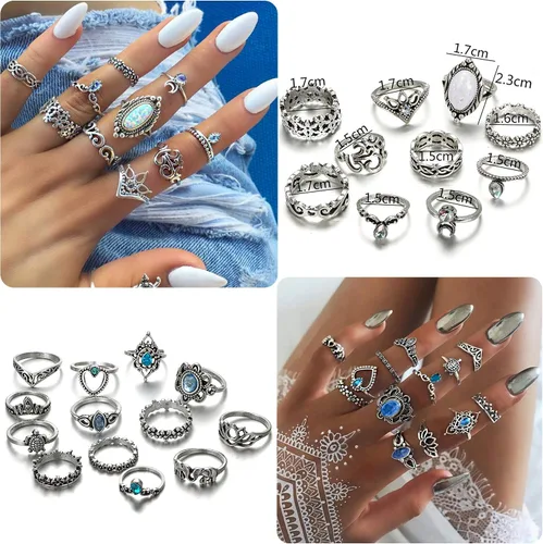 Vista 6 de FIBO STEEL Juego de 101 anillos vintage para nudillos para mujer, apilables, midi, Acero