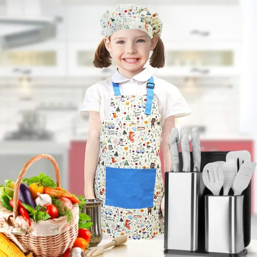 Vista 4 de Jennice House - Juego de delantal y gorro de chef para niños, lindos delantales para hornear de niños para cocinar delantales para bebés que hornean
