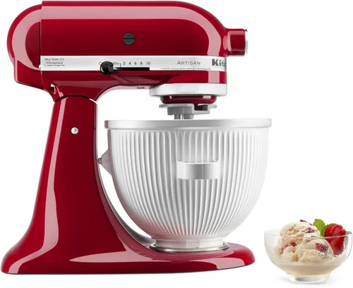 Vista 2 de KitchenAid Accesorio para hielo de afeitado, KSMSIA, blanco, 4 moldes y batidora KitchenAid para hacer helados, 2 cuartos de galón, color blanco