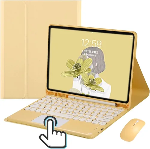 Vista 13 de Funda de teclado con panel táctil para iPad 6 iPad 5 Air 2 Pro de 9.7 pulgadas con teclado táctil retro de teclas redondas con ratón, teclado