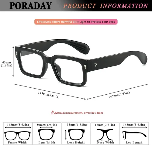 Vista 6 de PORADAY Gafas rectangulares para mujeres y hombres, lentes de luz azul, anteojos cuadrados negros