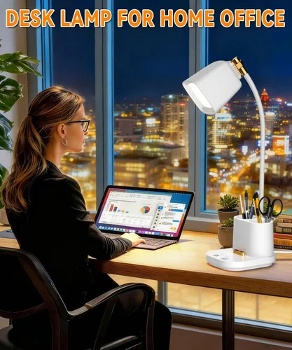 Vista 9 de Lámparas LED de escritorio para oficina en casa con cargador, organizador, lámpara de mesa de escritorio para dormitorio, estudio, lectura, trabajo