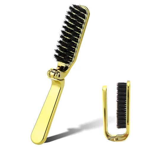 Vista 10 de 2 piezas de cepillo plegable de viaje con cerdas de jabalí, bolsillo plegable, rango antiestático, mini herramienta de peinado para barba y cabello
