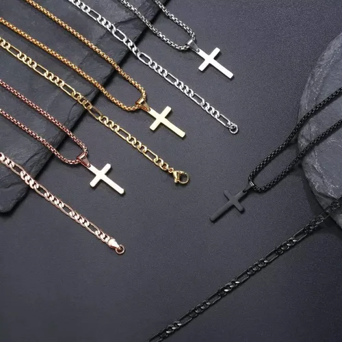 Vista 5 de Ursteel Layered Cross Necklace for Men, 18K Gold Silver Black Cross Necklace Layered Figaro Chain Box Chain Cross Pendant Necklace for Men Women