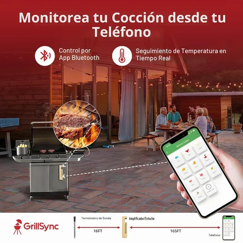 Vista 2 de Termómetro inalámbrico de carne con sincronización para parrilla, ahumar, cocinar con Bluetooth con sonda de sensor dual, control inteligente