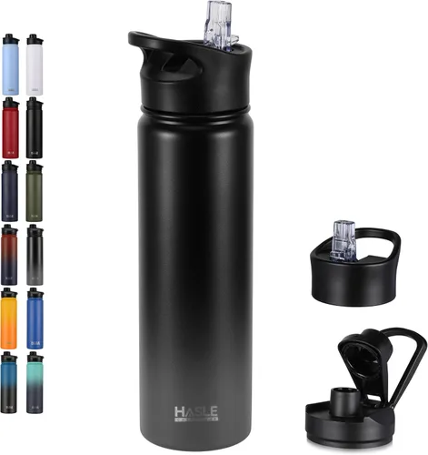 Vista 70 de HASLE OUTFITTERS Botella de agua aislada de 22 onzas, botella de agua de acero inoxidable de doble pared de boca ancha con tapa de popote y tapa