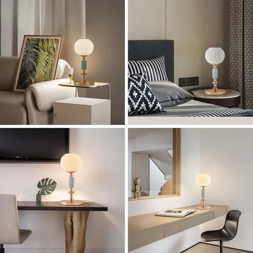 Vista 7 de Moderna lámpara de mesa de cristal blanco leche, lámpara de mesita de noche, lámpara de escritorio de metal con interruptor de cable de enchufe