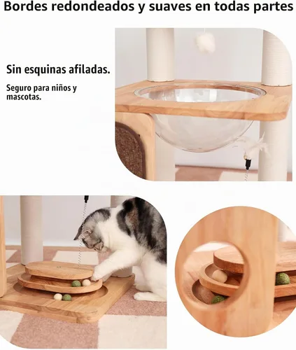 Vista 6 de Torre de madera para gatos de 32 pulgadas, cuenco acrílico, cama