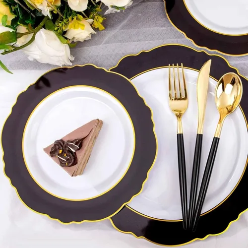Vista 6 de WDF 30 Invitados - Platos de plástico negro y dorado, platos de Año Nuevo, cubiertos de plástico dorado con mango negro, vajilla desechable barroca