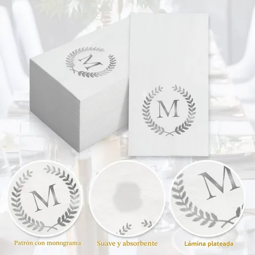 Vista 4 de Paquete de 200 servilletas desechables con monograma de papel de aluminio plateado con letra M, servilletas de mano desechables con inicial