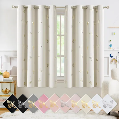 Vista 17 de Jubilantex - Cortinas opacas con diseño de mariposa dorada, 80 % rosa bebé Cortinas opacas 80% rosa lavanda/rosa bebé, estampado de mariposa