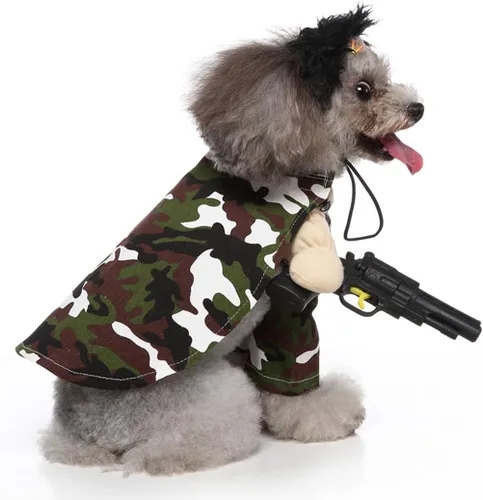 Vista 3 de Disfraz de perro mercenario para cachorro, ropa de cosplay para mascotas, disfraz divertido de Halloween y Navidad, para gatos y perros pequeños