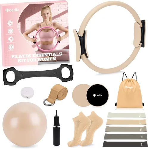 Vista 9 de Hoedia Kit de Pilates de 17 Piezas para Mujeres, Equipo de Pilates Anillo y Pelota Set con Bandas de Resistencia, Correa de Yoga, Deslizadores