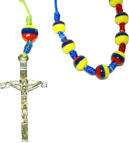 Vista 2 de Rosario tradicional hecho a mano de Colombia Ecuador Venezuela Tricolor Beads Centripiece Sanctified Rosario Natural Jesus Cross (Tricolor Nylon)