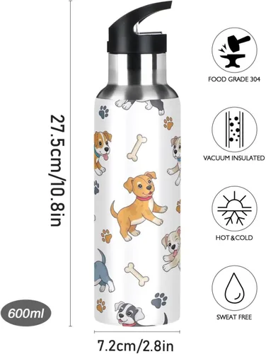 Vista 9 de Paw Prints Dog Bones White Stainless Steel Vacuum Insulated Water Bottle 20 Oz Leakproof Water Bottles, BPA-Free Sports Water Bottle with Straw