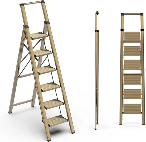 Vista 11 de SOLADDER Escalera de 3 escalones, taburete plegable ligero, grano de madera Woodgrain