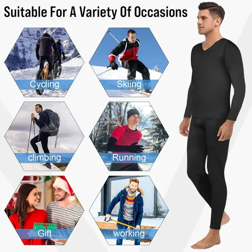 Vista 7 de Patelai Juego de 3 ropa interior térmica para hombre, capa base cálida de invierno, cuello en V, forro polar térmico para clima frío