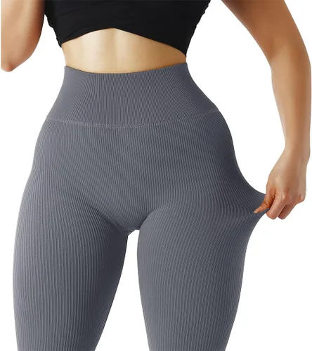 Vista 3 de SUUKSESS - Leggings sin costuras acanaladas para mujer, pantalones de entrenamiento de cintura alta para gimnasio y yoga
