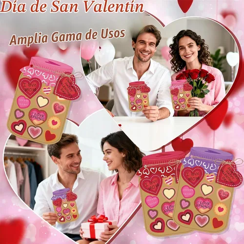 Vista 6 de Juego de 30 tarjetas de regalo para el día de San Valentín, tarro de San Valentín, kit de manualidades con calcomanías de corazón, haz tu propia