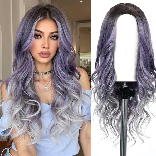 Vista 21 de Esmee Pelucas largas de color castaño rojizo ombré para mujer, peluca de cabello sintético ondulado y rizado natural para uso diario, fiestas