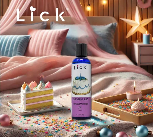Vista 5 de Lick Aceite de masaje con sabor a pastel de cumpleaños, aceite de masaje comestible inspirado en dulces celebraciones con aceite de almendras