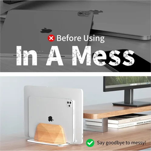 Vista 6 de AFOOYO Soporte vertical para laptop, soporte ajustable de madera para laptop, base de escritorio compatible con todos los MacBook, Surface