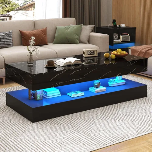 Vista 8 de chartustriable Mesa auxiliar grande de 39.4 pulgadas con LED de alto brillo con 2 cajones deslizantes, mesas de centro de almacenamiento para sala