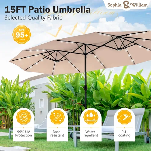 Vista 5 de Sophia & William Sombrilla de patio extragrande de 15 pies con luces solares, sombrilla rectangular para exteriores con base incluida, sombrilla