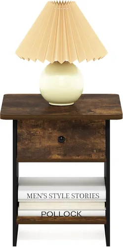 Vista 4 de Furinno Dario - Mesa auxiliar / estante de almacenamiento de noche con cajón de contenedor, pino ámbar/negro, 1 paquete, contenedor superior