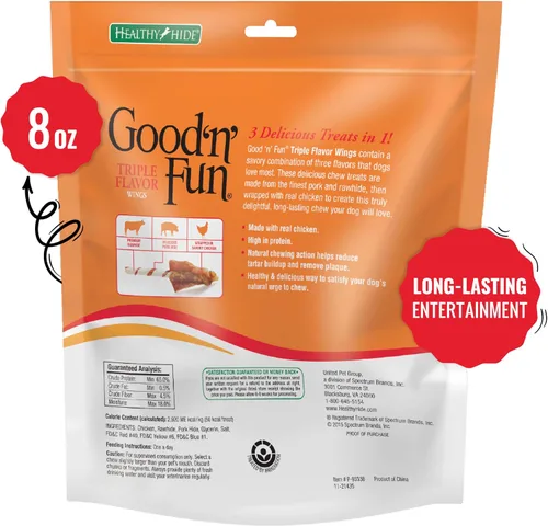 Vista 2 de Good 'n' Fun Alas Masticables de Triple Sabor para Todos los Perros, 8 Onzas, Consiente a tu Perro con Masticables de Larga Duración Hechos