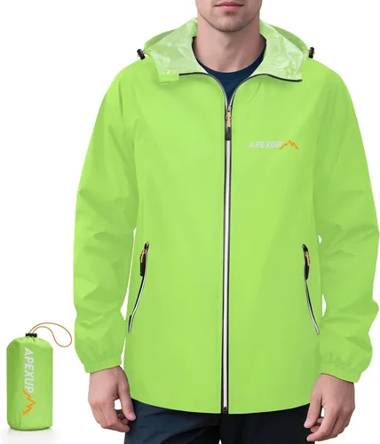 Vista 7 de APEXUP Chaqueta de lluvia empacable para hombre con cremallera reflectante, impermeable ligero, chaqueta de lluvia para hombre para deportes al aire