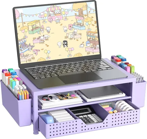 Vista 8 de OPNICE Soporte elevador de monitor doble con cajón y 2 soportes para bolígrafos, organizador de escritorio para suministros de oficina, soporte