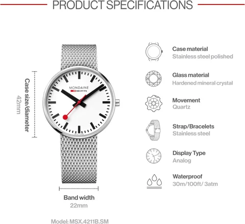 Vista 3 de Mondaine MSX.4211B.SM SBB Reloj analógico de cuarzo suizo plateado para hombre, plateado, Moderno