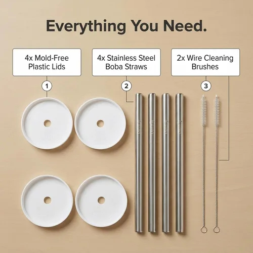 Vista 10 de (4 pajitas de té Boba, 4 tapas de tarro Mason y 2 limpiadores de pajitas) Wide reusable stainless steel boba straws with mason jar lids and