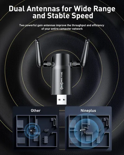Vista 5 de Nineplus Adaptador WiFi USB inalámbrico para PC - 1300 Mbps Antenas duales 5Dbi 5G/2.4G Adaptador WiFi para PC de escritorio portátil