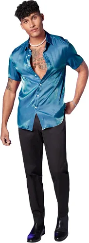Vista 6 de WDIRARA Camisas de satén de seda metálica con botones y manga corta con cuello para hombre