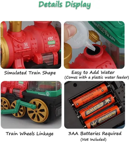 Vista 6 de Miracland Tren de vapor retro con función de pulverización de niebla, juguete locomotora vintage con rueda universal, luces y música y carro Verde