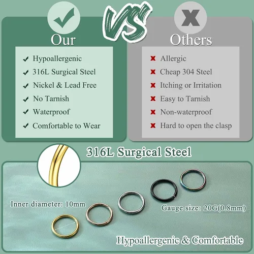 Vista 13 de Jstyle 5 anillos de acero quirúrgico 316L para la nariz, 16G, 18G, 20G, con bisagras, para la nariz, para mujeres y hombres, cartílago, arete