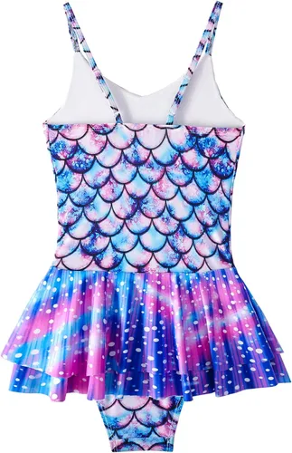 Vista 4 de KGDECYS Little Girls Mermaid Swimsuit Princess Ruffle Bathing Suit Toddler Cartoon One Piece Swimwear Beachwear