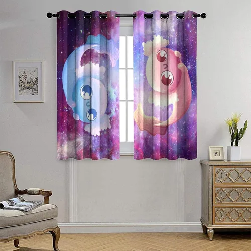 Vista 4 de Cortinas abstractas de ajolote con diseño de galaxia colorida y peces, con aislamiento térmico, oscurecimiento de habitación completa, para sala