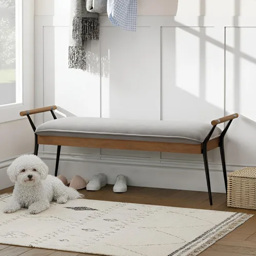 Vista 9 de DUOMAY Banco Otomano Rectangular Moderno con Brazos y Patas de Metal, Banco de Mesa de Comedor de PU de Mediados de Siglo, Reposapiés, Banco