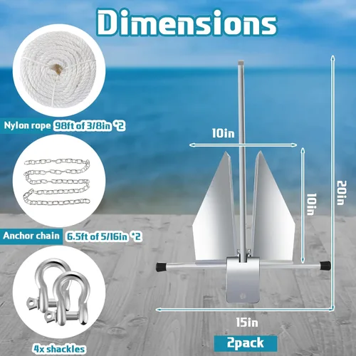 Vista 2 de Lounsweer Juego de 2 juegos de anclaje de barco galvanizado portátil con cadena de anclaje, cuerda de anclaje y grilletes para barcos de diferentes