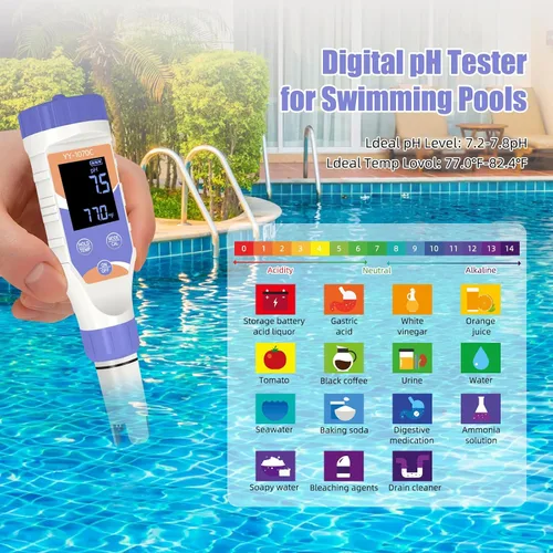 Vista 2 de Probador digital 7 en 1 de agua para piscinas: cloro, pH, sal, ORP, EC, TDS y medidor de temperatura para piscinas de agua salada, jacuzzis, spas