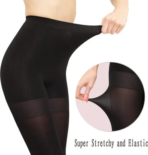 Vista 3 de Medias opacas adelgazantes para mujer, medias de compresión de abdomen de cintura alta con parte superior de control