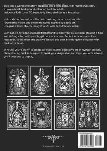 Vista 2 de Gothic Objects Dark Academia Colouring Book for Adults, Black Background pages with Intricate mystical Illustrations, Perfect For Gel Pens and
