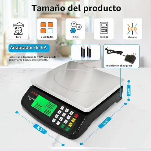 Vista 3 de Gran báscula digital de cocina 40kg/88lb de acero inoxidable, báscula de precios y conteo, báscula para delicatessen con pantalla LCD para hornear