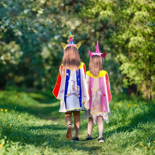 Vista 4 de iROLEWIN Capas y máscaras de unicornio arcoíris para niñas, disfraz de superhéroe de princesa, disfraz de princesa como regalos de fiesta