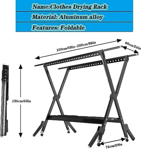 Vista 7 de Multi-Purpose Laundry Drying Rack Foldable, Stainless Steel Clothes Drying Stand with Adjustable Rods, Ideal for Indoor Outdoor Use