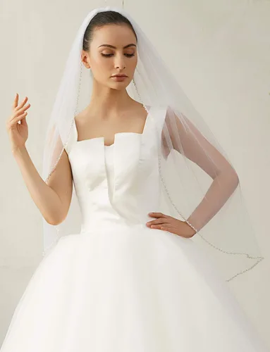 Vista 4 de Velo de novia corto con cuentas de cristal para mujer, 1 nivel, con peine X09
